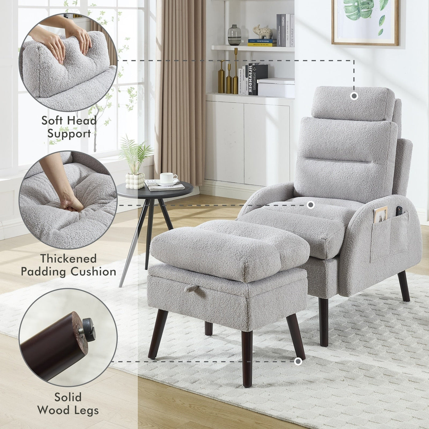 Fauteuil d'appoint HOMYKA avec dossier réglable et pouf de rangement