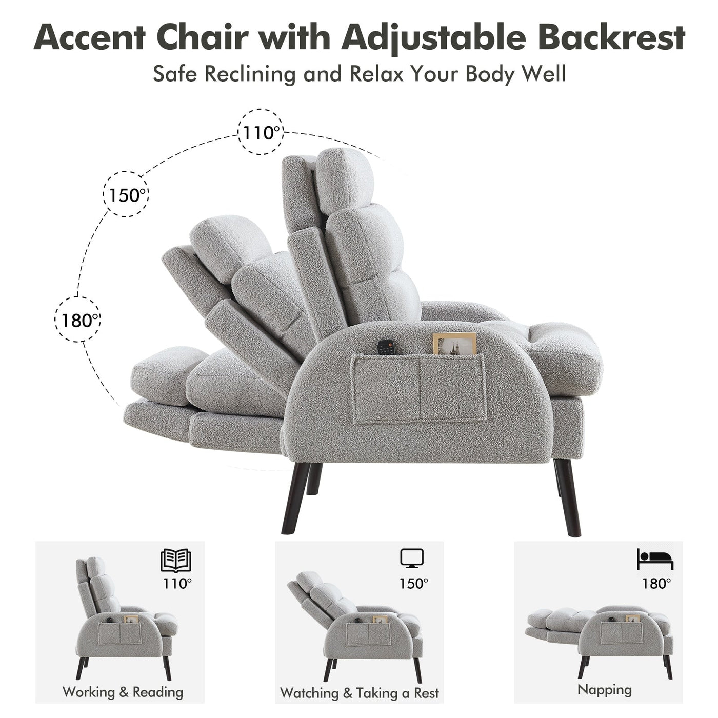 Fauteuil d'appoint HOMYKA avec dossier réglable et pouf de rangement