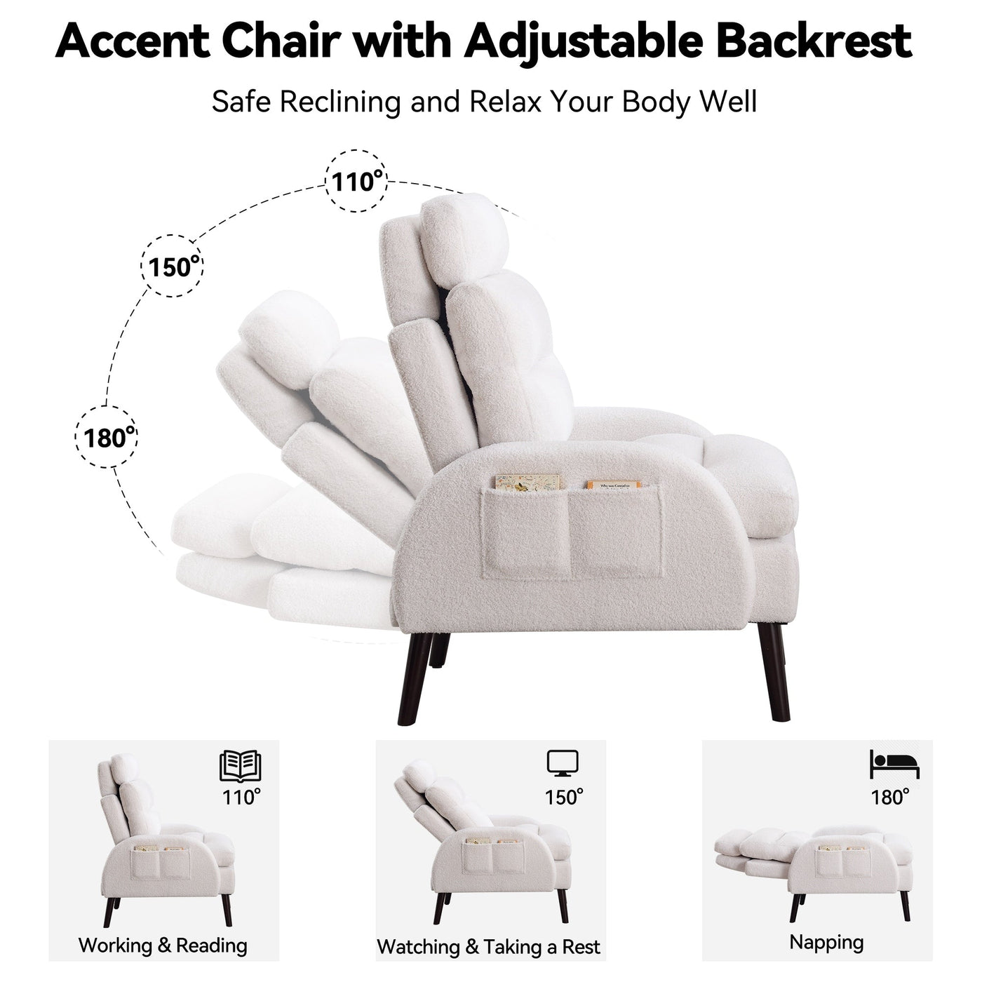 Fauteuil d'appoint HOMYKA avec dossier réglable et pouf de rangement