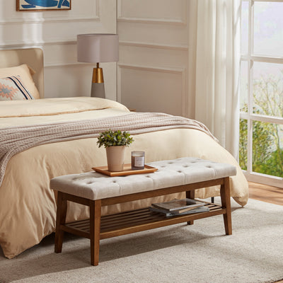 Banc à chaussures d'entrée, banc de rangement en tissu et bois massif, banc rembourré de 43 pouces pour salon et chambres