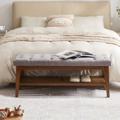 Banc à chaussures d'entrée, banc de rangement en tissu et bois massif, banc rembourré de 43 pouces pour salon et chambres