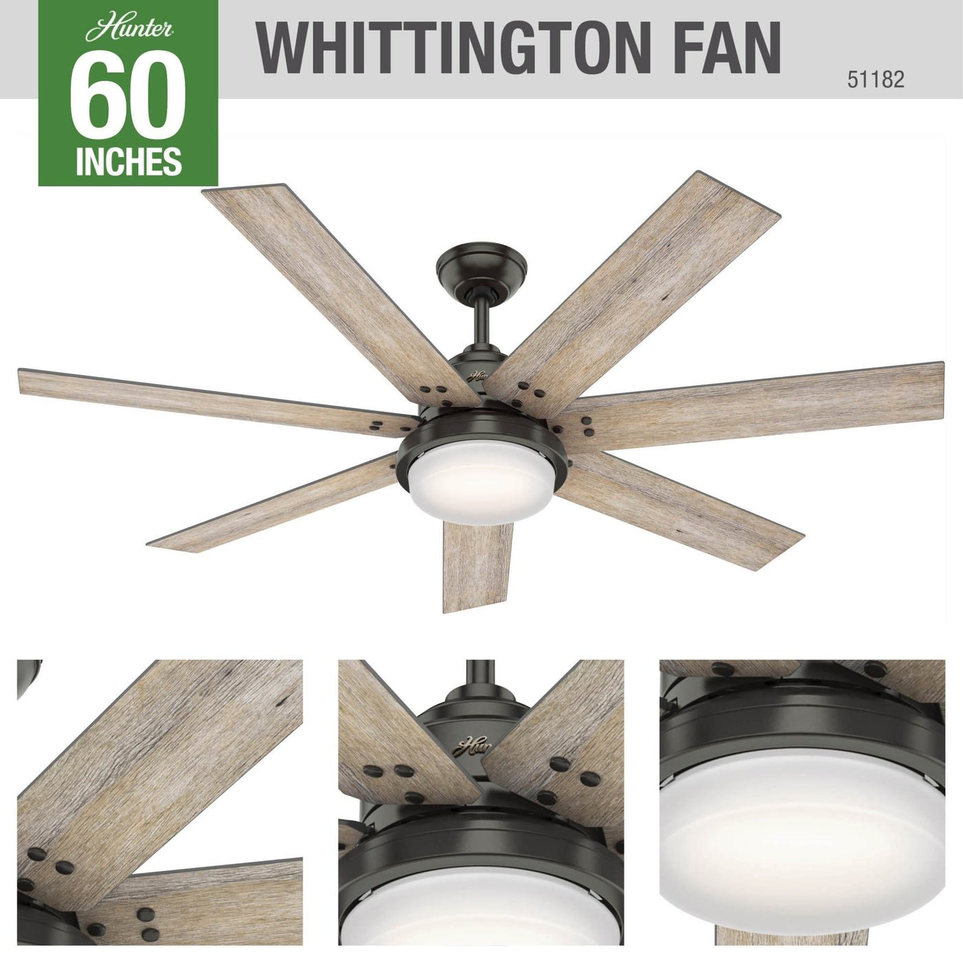Ventilateur de plafond Hunter WiFi Whittington avec lumière LED, télécommande portable - Moulin à vent - Industriel, Ferme, Rustique - VENTILATEUR INTELLIGENT !