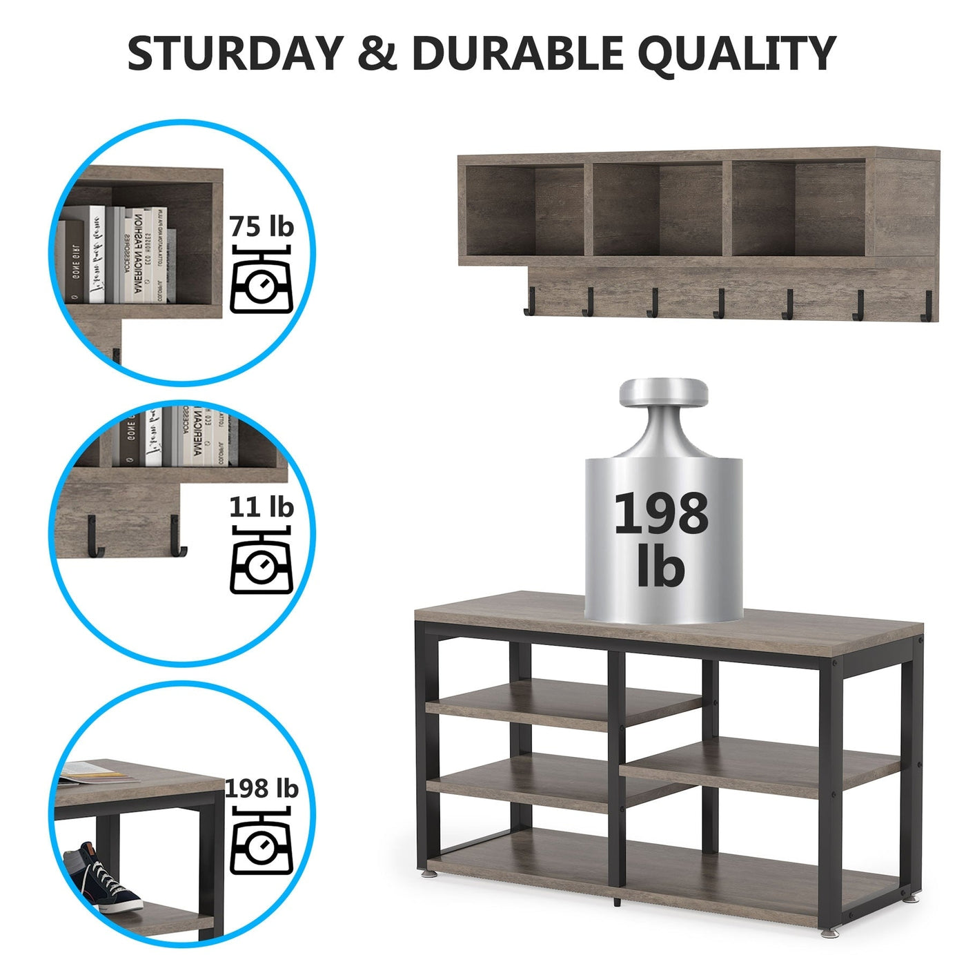 Ensemble de porte-manteaux et de bancs à chaussures pour entrée, porte-manteaux et porte-chaussures de style industriel