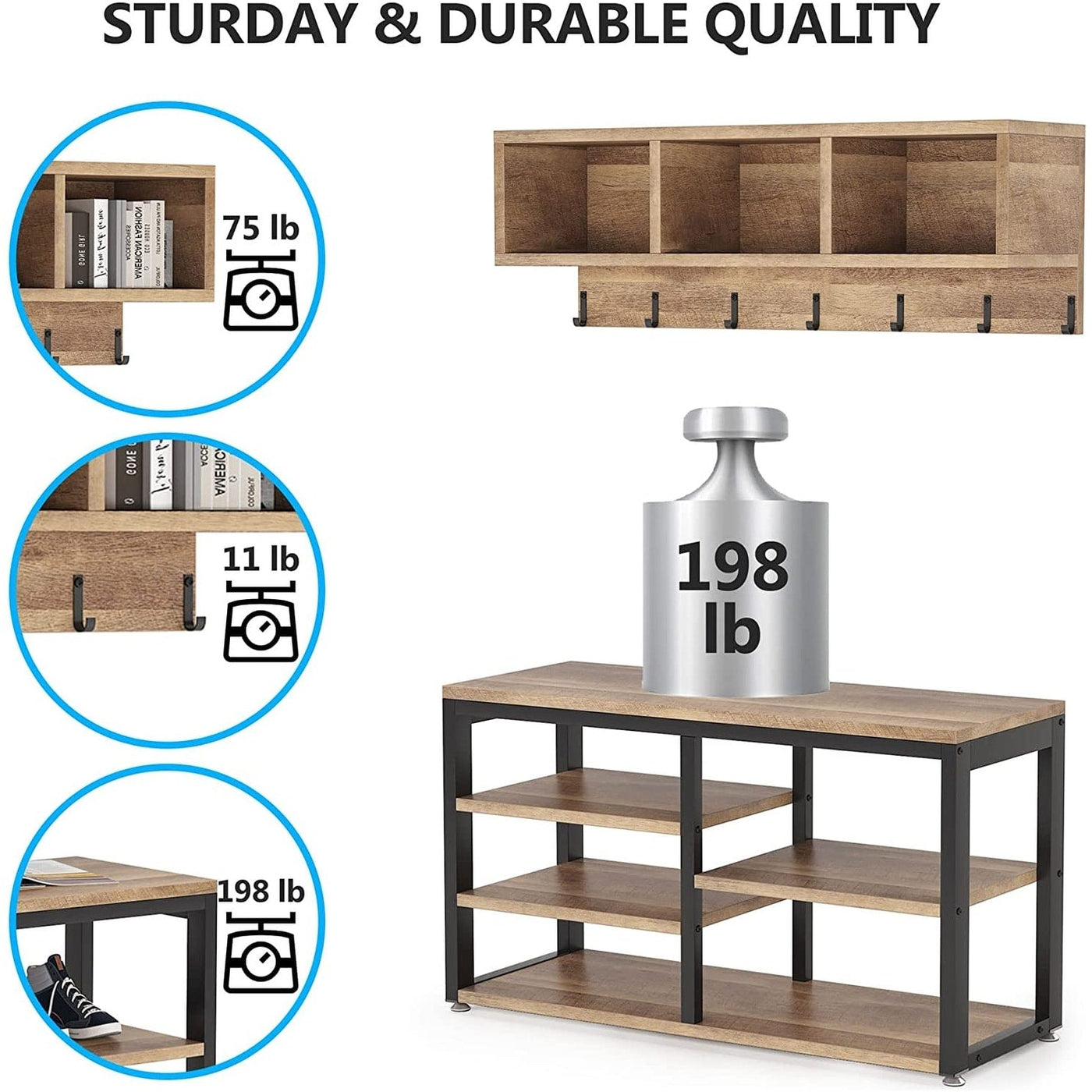 Ensemble de porte-manteaux et de bancs à chaussures pour entrée, porte-manteaux et porte-chaussures de style industriel