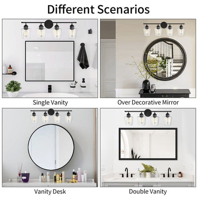 KAWOTI Lampe de salle de bain en métal à 4 lumières et abat-jour en verre à intensité variable