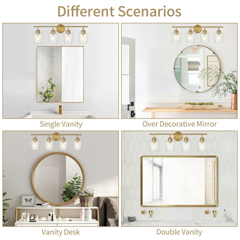 KAWOTI Lampe de salle de bain en métal à 4 lumières et abat-jour en verre à intensité variable