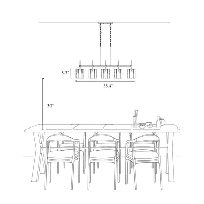 Lustre linéaire moderne Kasy à 5 lumières en verre texturé pour îlot de cuisine, design unique