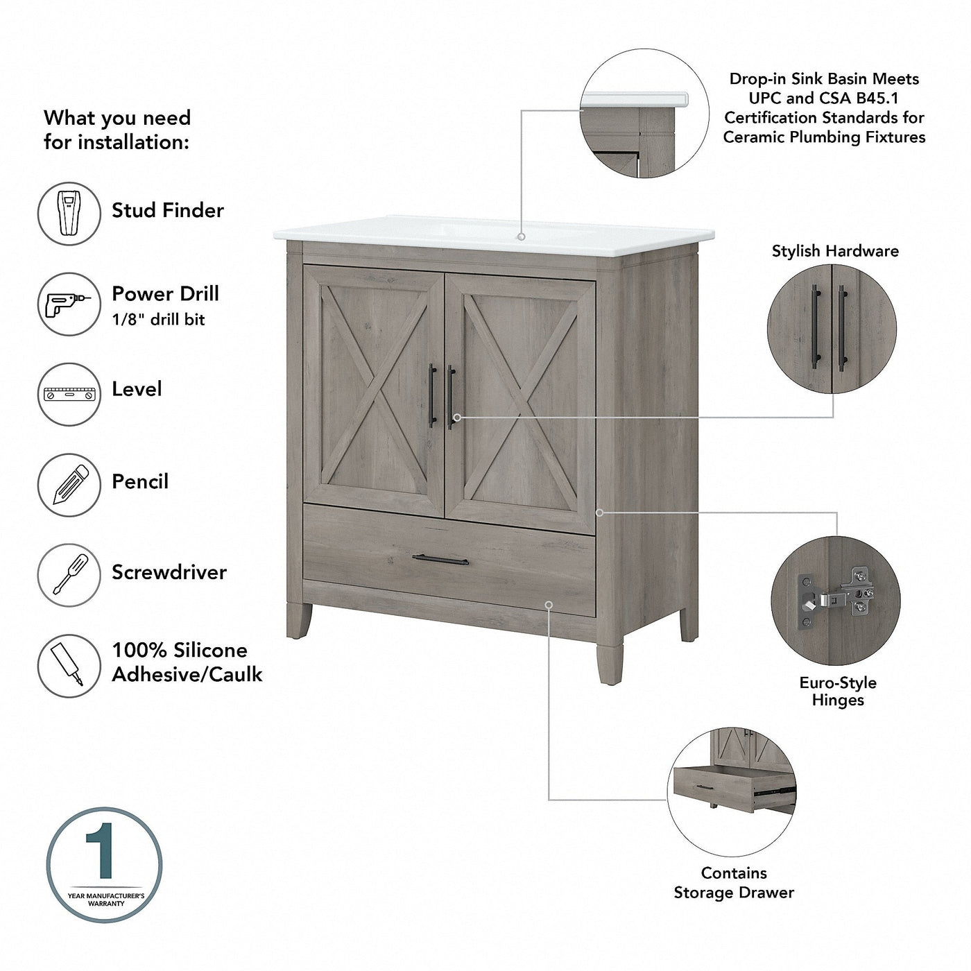 Meuble-lavabo Key West 32 W avec lavabo par Bush Furniture