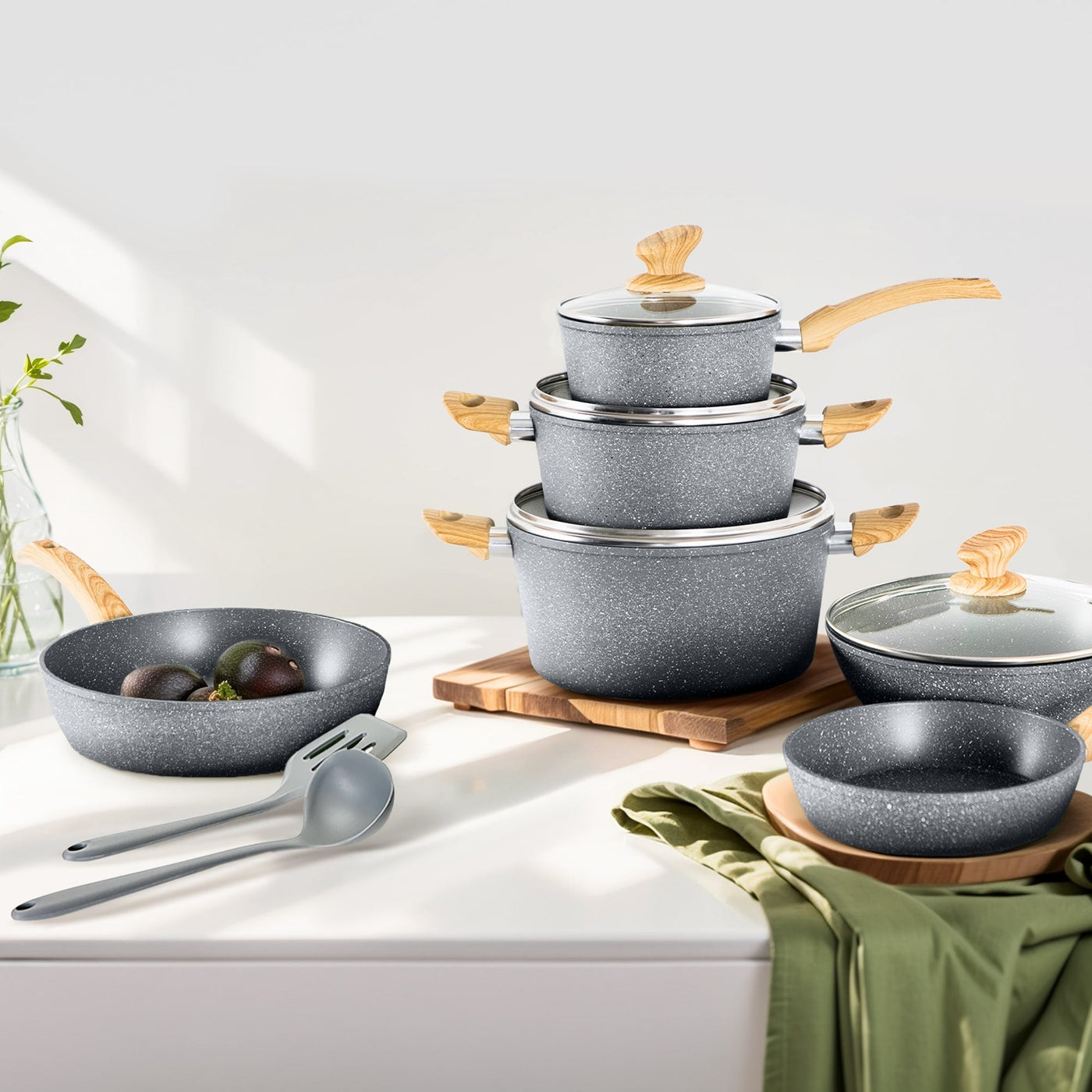 Batterie de cuisine antiadhésive, ensemble de 12 casseroles et poêles en granit