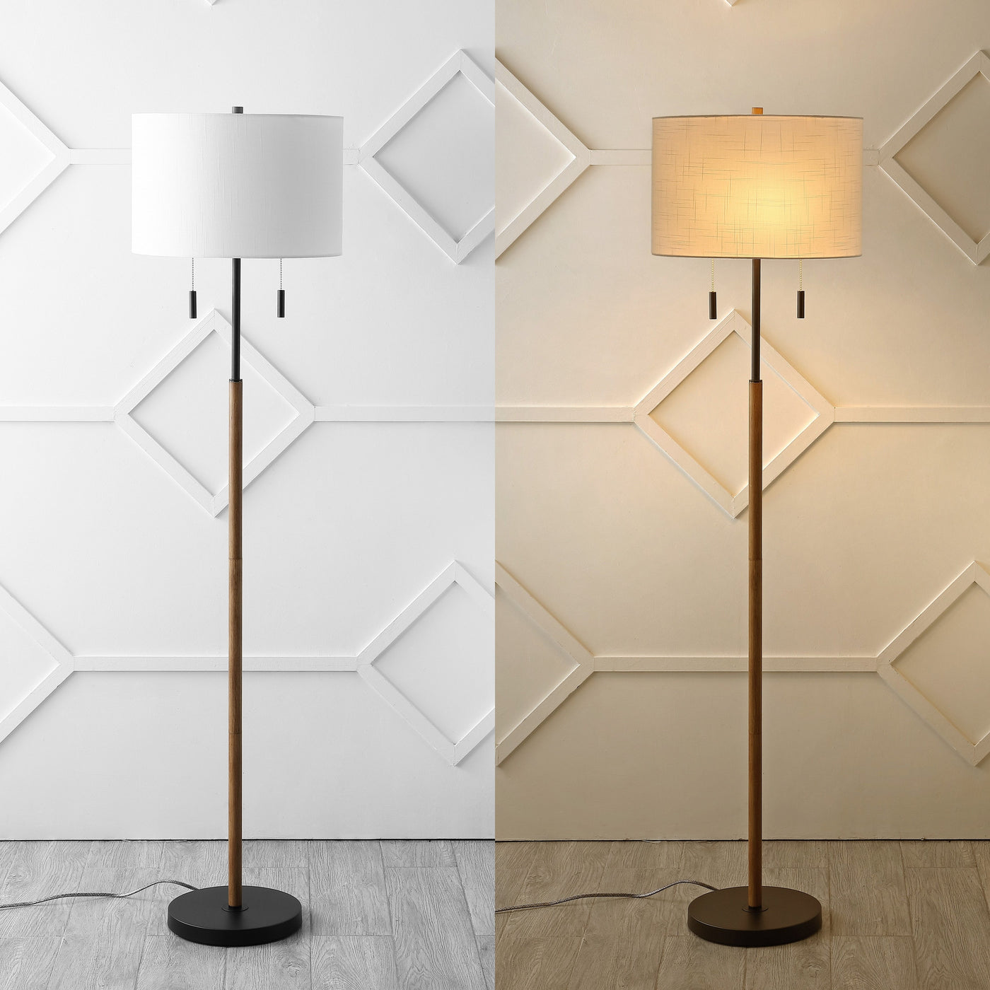 Lampe de sol à LED Koda 61 rustique en fer avec chandelier et chaînes de traction, finition bois marron/noir par JONATHAN Y