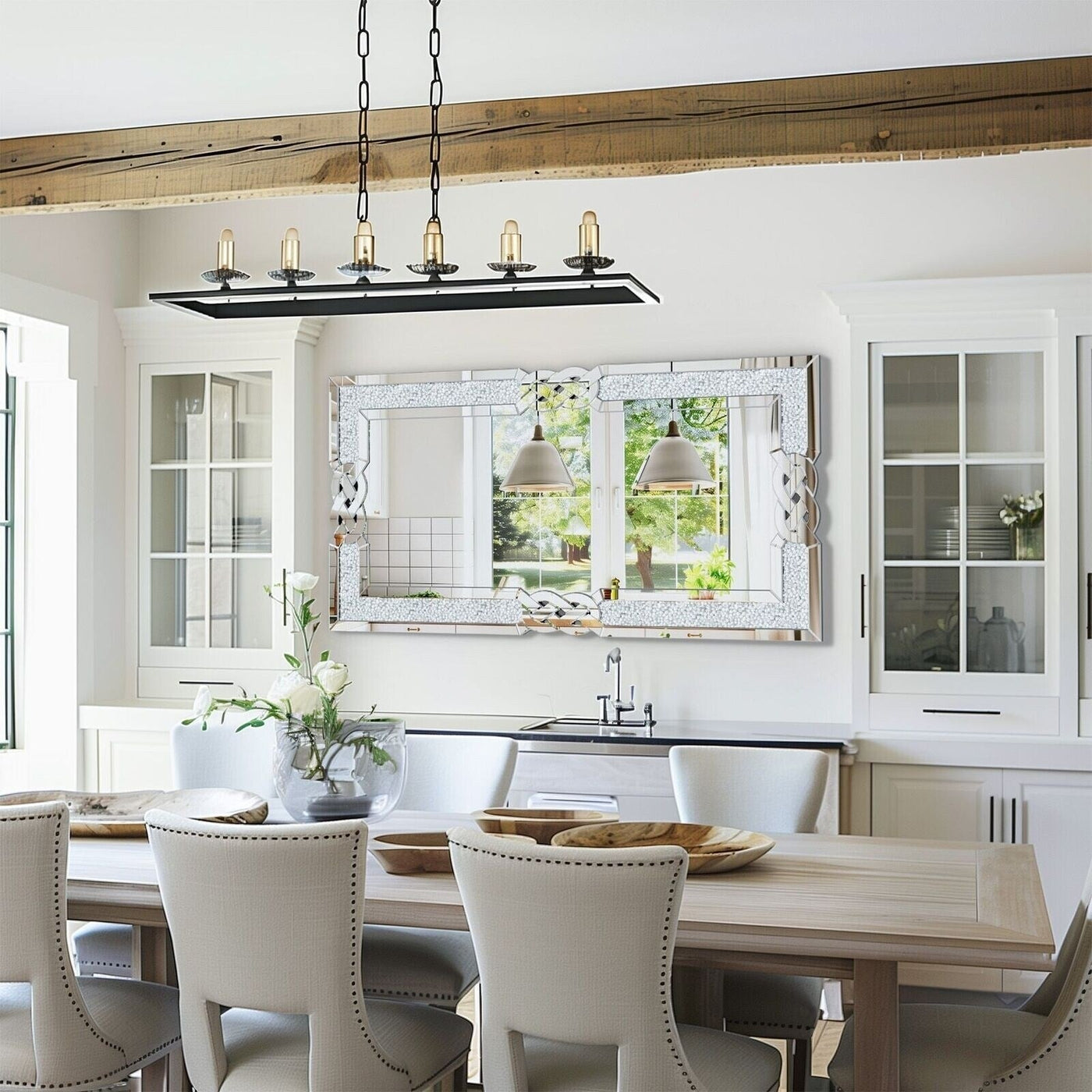 Grand miroir mural emboîtable avec perles de cristal rectangulaires