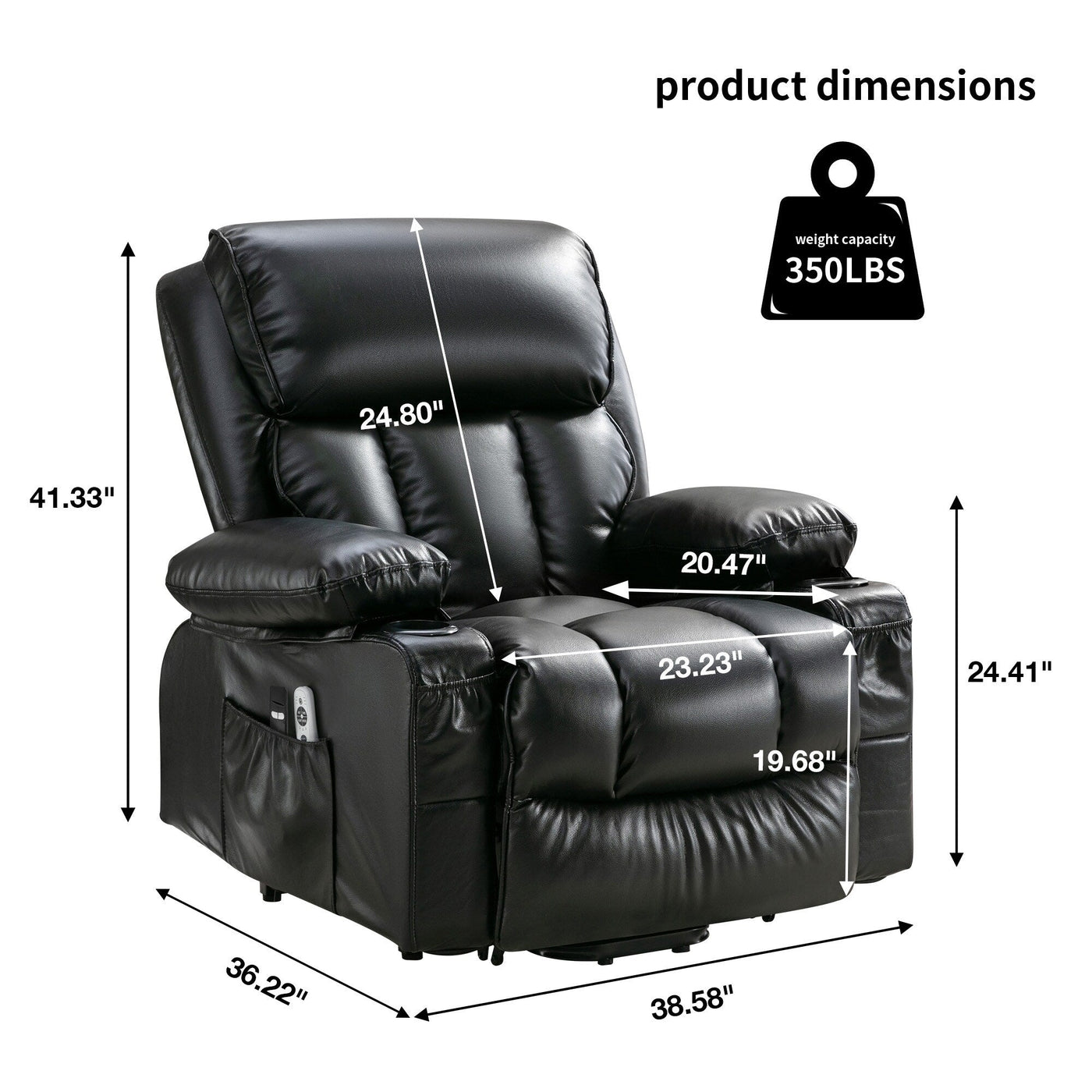 Grand fauteuil inclinable électrique avec chauffage et massage 8 points - Télécommande, port USB