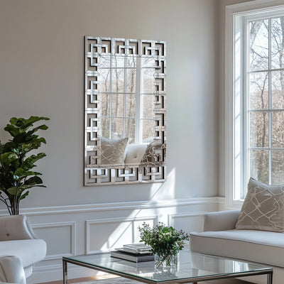 Grand miroir mural décoratif avec cadre géométrique aux accents argentés