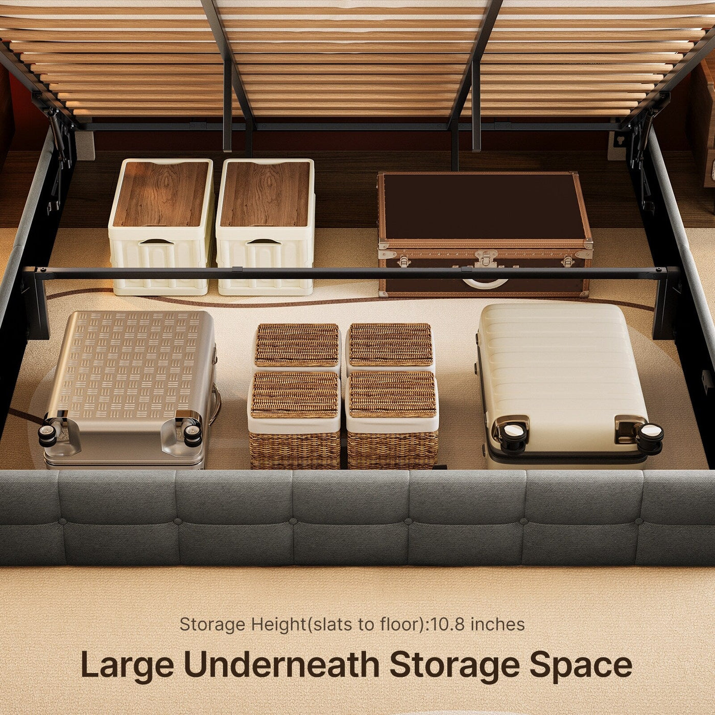 Cadre de lit relevable avec rangement, cadre de lit plateforme rembourré avec système de rangement hydraulique et tête de lit