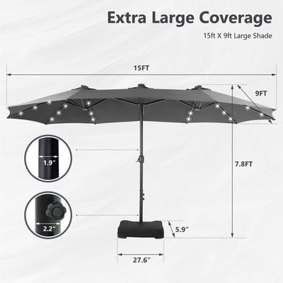MAISON ARTS Parasol de marché extérieur rectangulaire à manivelle double face de 15 pieds Parasol de patio éclairé par LED solaire avec base incluse