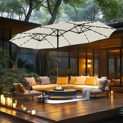 MAISON ARTS Parasol de marché extérieur rectangulaire à manivelle double face de 15 pieds Parasol de patio éclairé par LED solaire avec base incluse