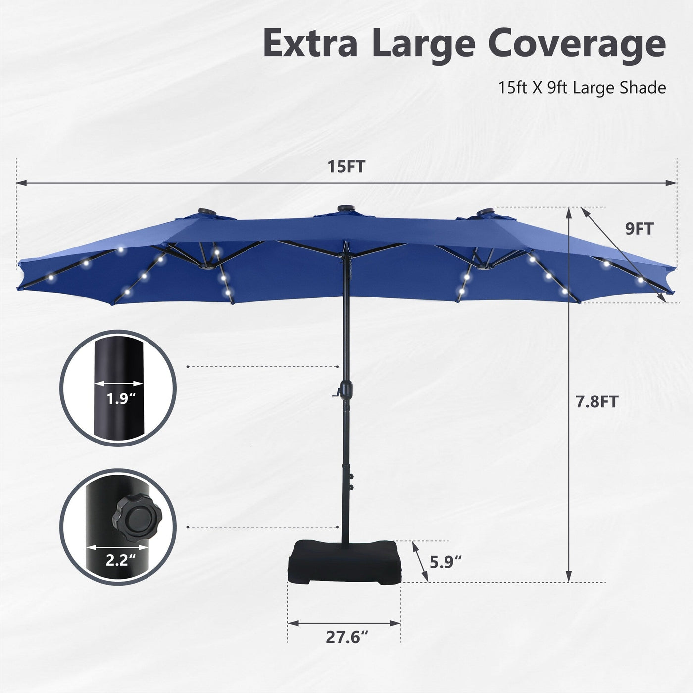 MAISON ARTS Parasol de marché extérieur rectangulaire à manivelle double face de 15 pieds Parasol de patio éclairé par LED solaire avec base incluse