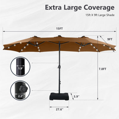 MAISON ARTS Parasol de marché extérieur rectangulaire à manivelle double face de 15 pieds Parasol de patio éclairé par LED solaire avec base incluse