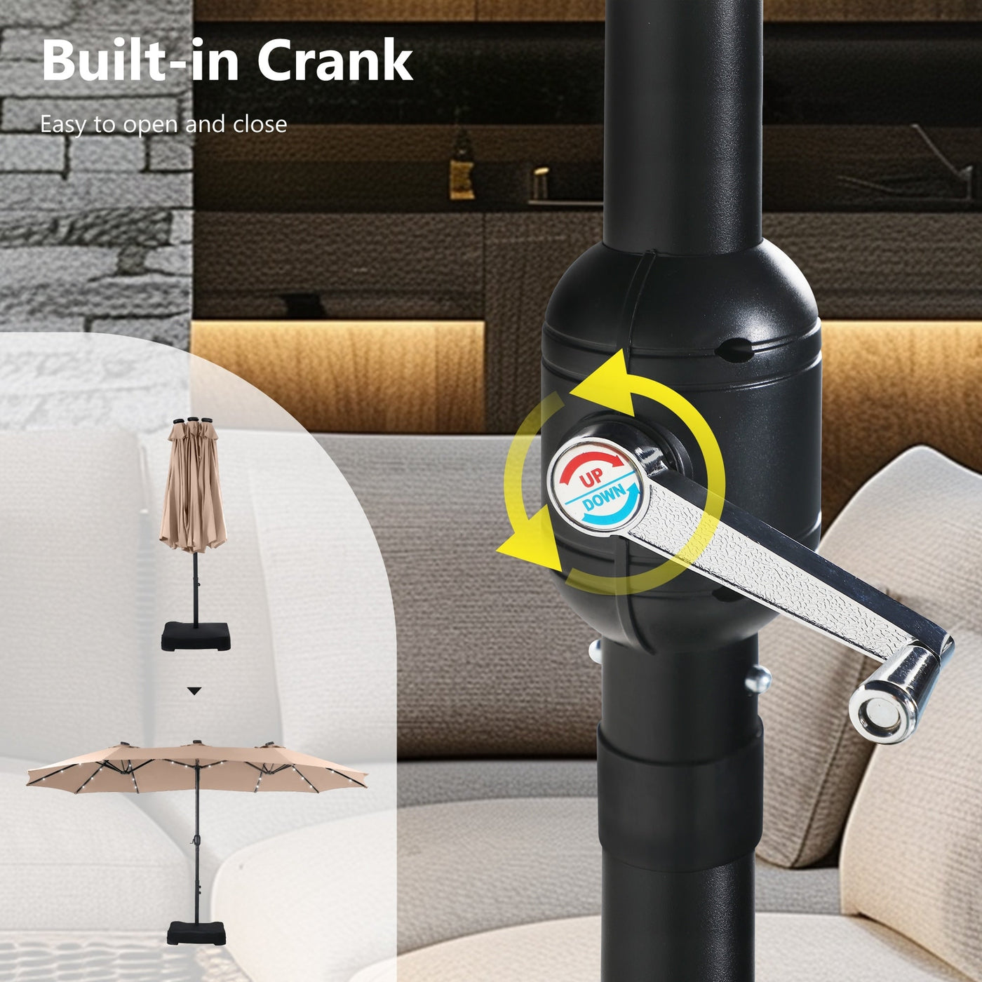 MAISON ARTS Parasol de marché extérieur rectangulaire à manivelle double face de 15 pieds Parasol de patio éclairé par LED solaire avec base incluse