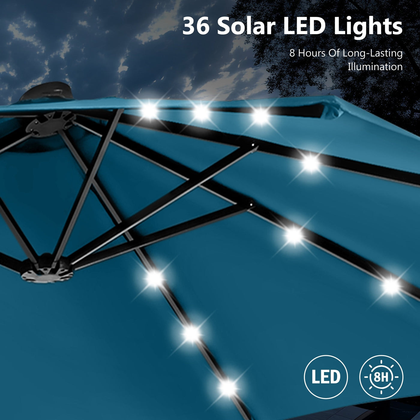 MAISON ARTS Parasol de marché extérieur rectangulaire à manivelle double face de 15 pieds Parasol de patio éclairé par LED solaire avec base incluse