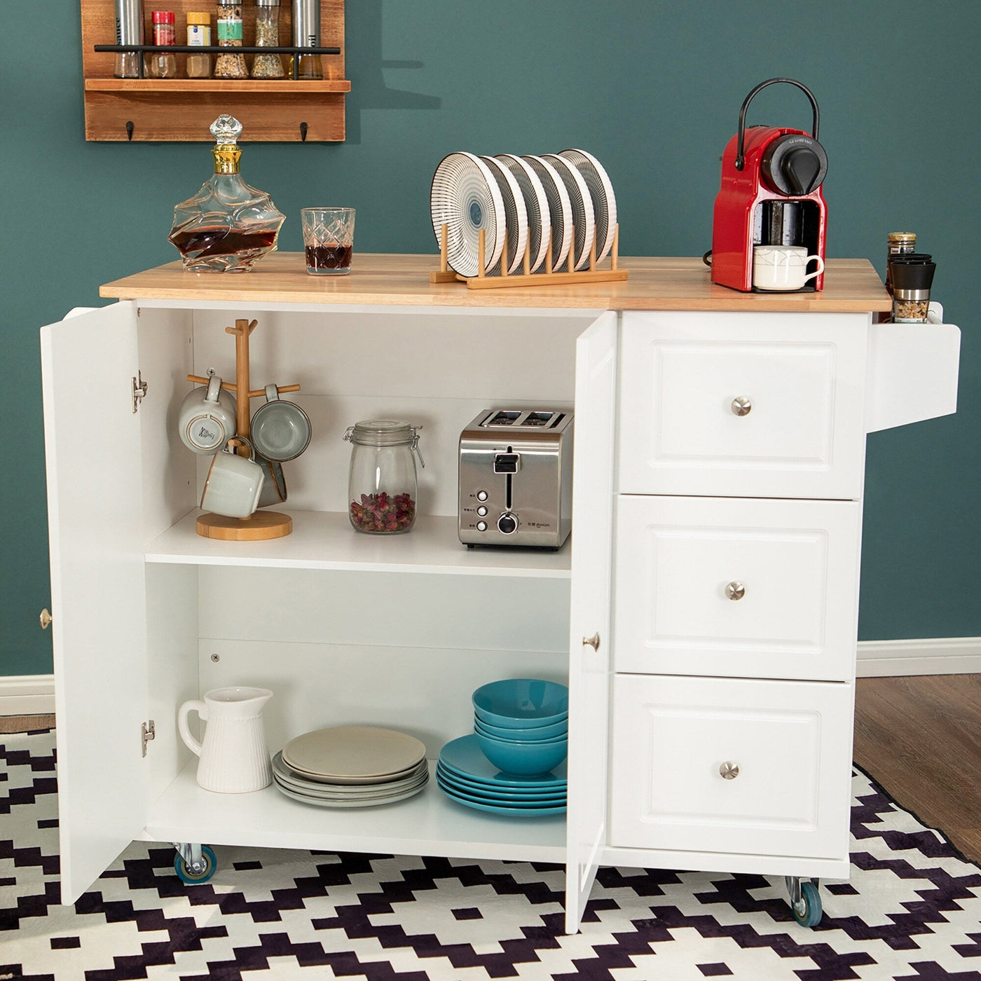 Desserte de cuisine Sophia &amp; William avec abattant et plateau en bois d'hévéa, desserte de cuisine roulante avec grand meuble de rangement