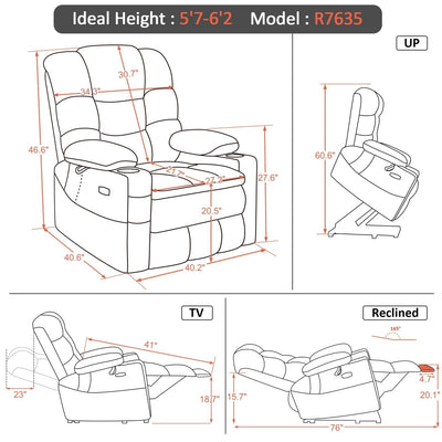Fauteuil inclinable électrique à double moteur MCombo, grand format, avec massage et double chauffage, pour personnes âgées de grande taille, tissu R7635
