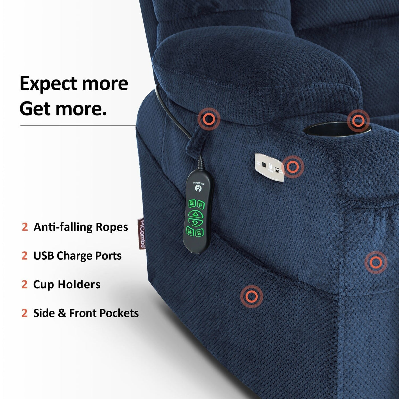 Fauteuil inclinable électrique à double moteur MCombo, grand format, avec massage et double chauffage, pour personnes âgées de grande taille, tissu R7635