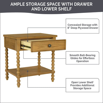 Table de chevet Madison Park Signature Beckett en bois tourné avec tiroir et étagère