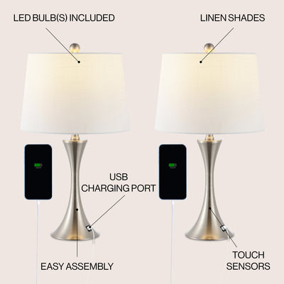 Lampe de table LED Makena 22,75 cm en fer moderne et glamour avec port de chargement USB (lot de 2) par JONATHAN Y