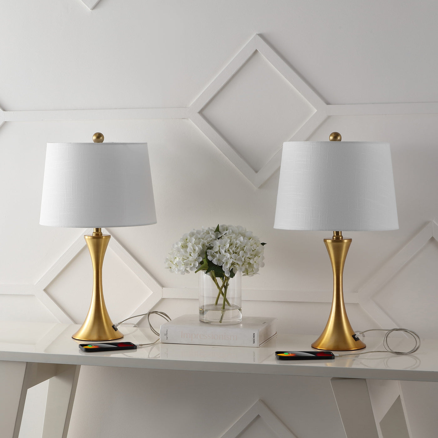 Lampe de table LED Makena 22,75 cm en fer moderne et glamour avec port de chargement USB (lot de 2) par JONATHAN Y