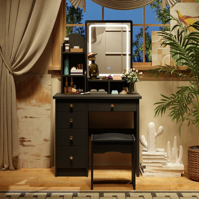 Coiffeuse avec éclairage LED, miroir et tabouret