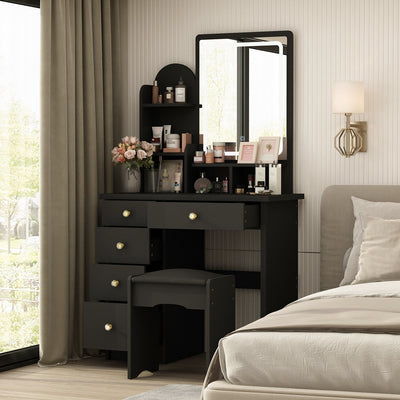 Coiffeuse avec éclairage LED, miroir et tabouret