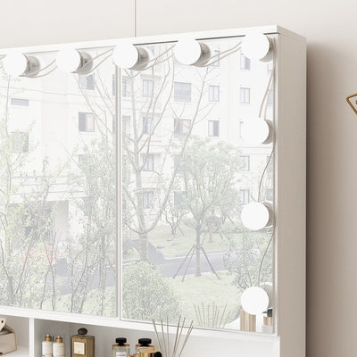 Coiffeuse avec miroir à trois volets et éclairage certifié, plateau en verre