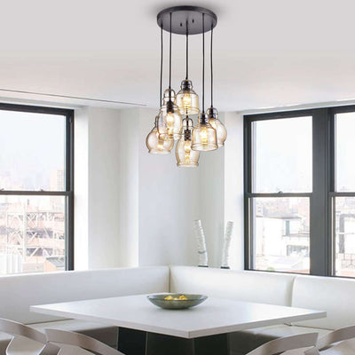 Suspension Mariana à 6 lumières en verre cognac noir antique et base ronde