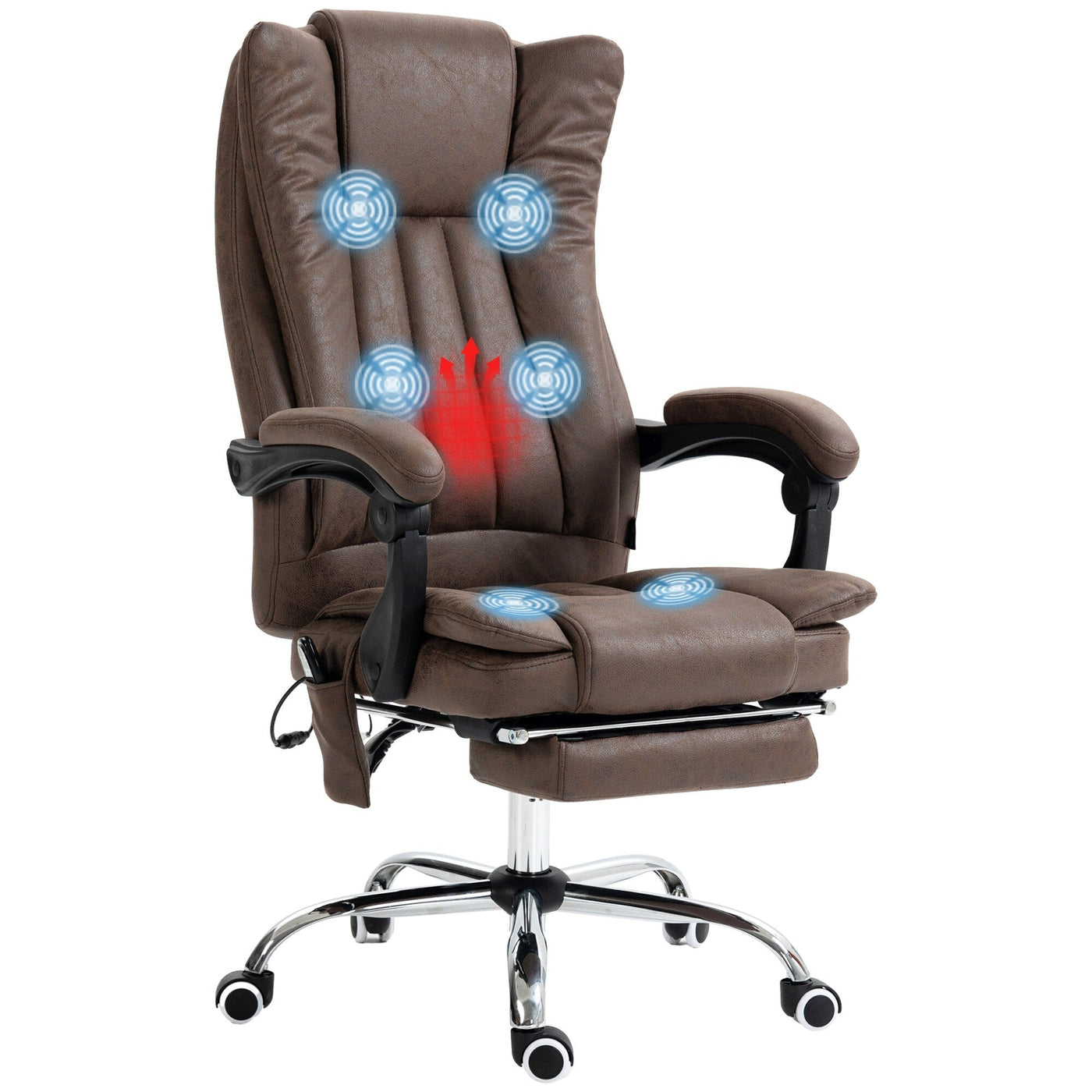 Fauteuil de bureau ergonomique de massage en microfibre, dossier haut, inclinable, chauffant, repose-pieds et télécommande