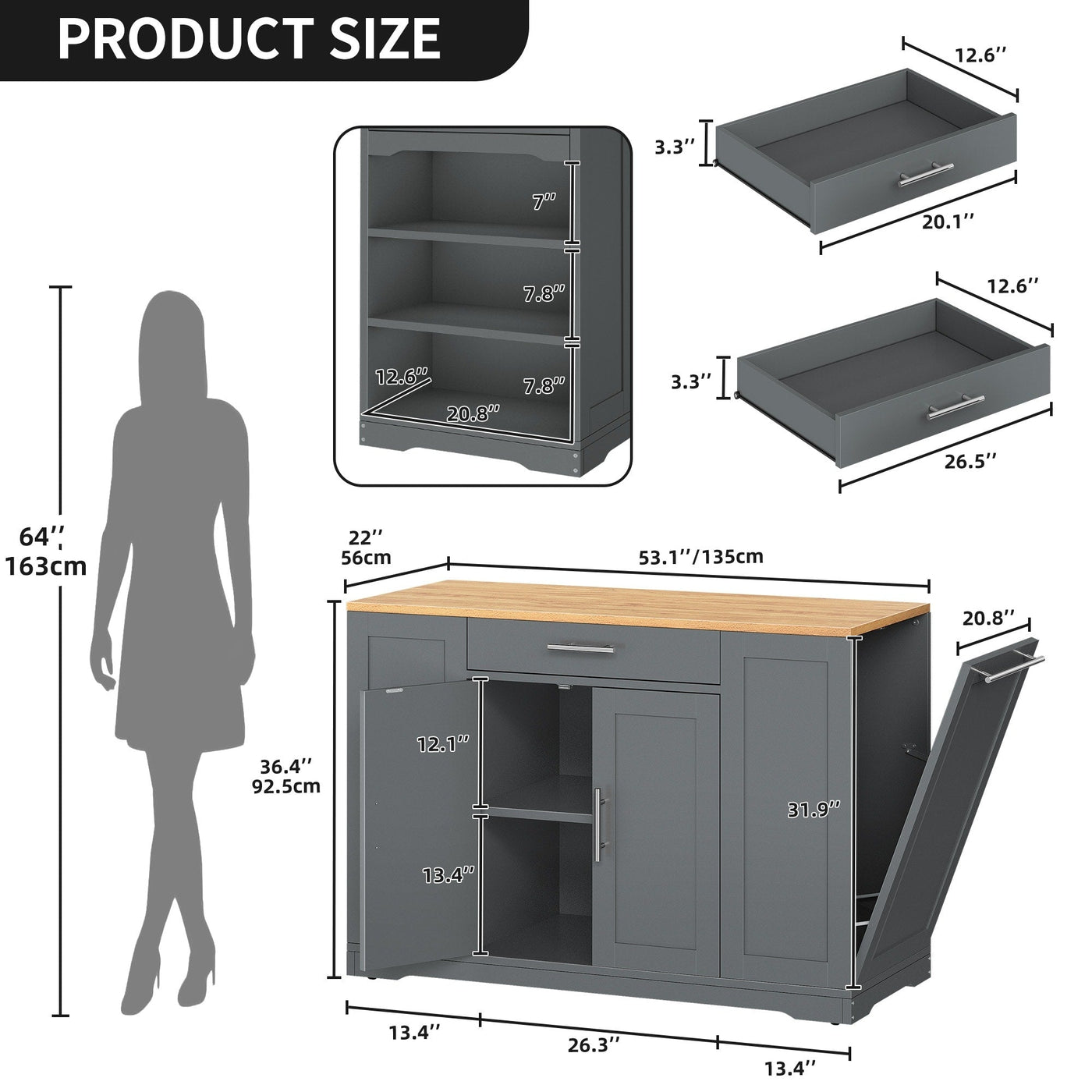 Meuble de rangement pour îlot de cuisine roulant Moasis de 53 pouces, chariot de cuisine mobile portable