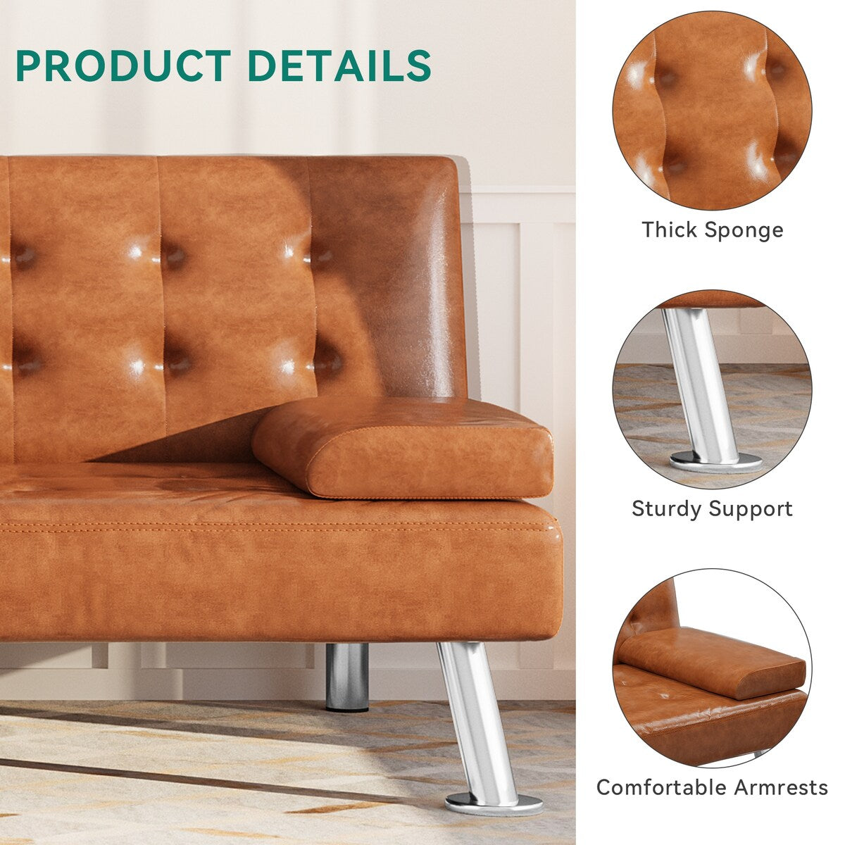 Canapé-lit futon pliable en similicuir Moasis - 64 L x 30 l x 26 H