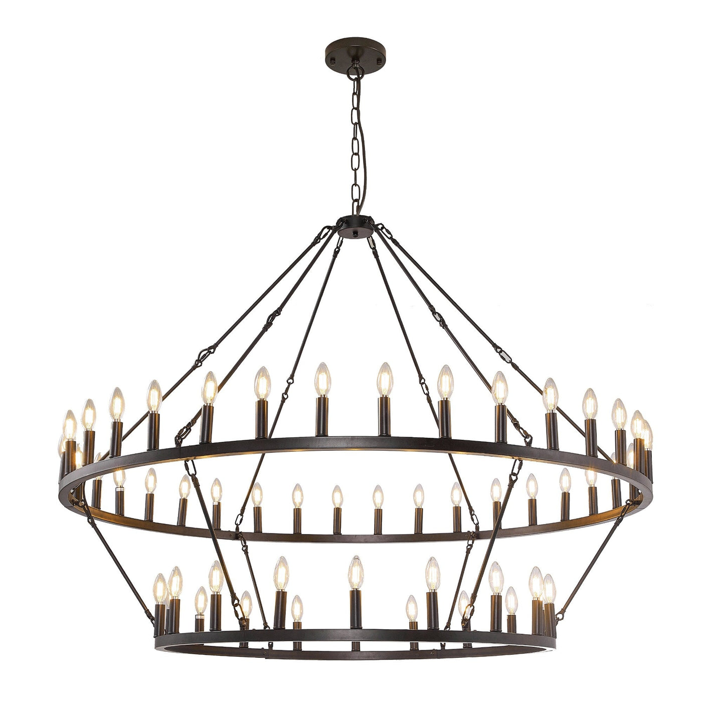 Lustre de ferme moderne à 2 niveaux, lustre rond en forme de roue de chariot, grand plafonnier haut.