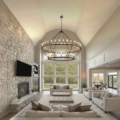 Lustre de ferme moderne à 2 niveaux, lustre rond en forme de roue de chariot, grand plafonnier haut.