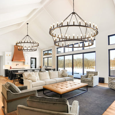 Lustre de ferme moderne à 2 niveaux, lustre rond en forme de roue de chariot, grand plafonnier haut.