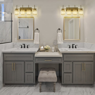 Applique murale moderne dorée à intensité variable, style cylindre glamour pour salle de bain, en cristal, pour meuble-lavabo