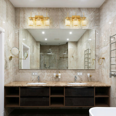 Applique murale moderne dorée à intensité variable, style cylindre glamour pour salle de bain, en cristal, pour meuble-lavabo