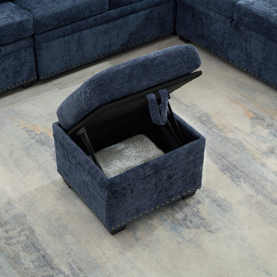 Canapé sectionnel moderne en chenille en forme de L avec canapé-lit gigogne, sièges de rangement, pouf et 2 oreillers pour le salon