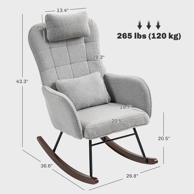 Fauteuil à bascule rembourré moderne pour chambre d'enfant avec dossier haut, appui-tête et coussin lombaire pour salon ou chambre