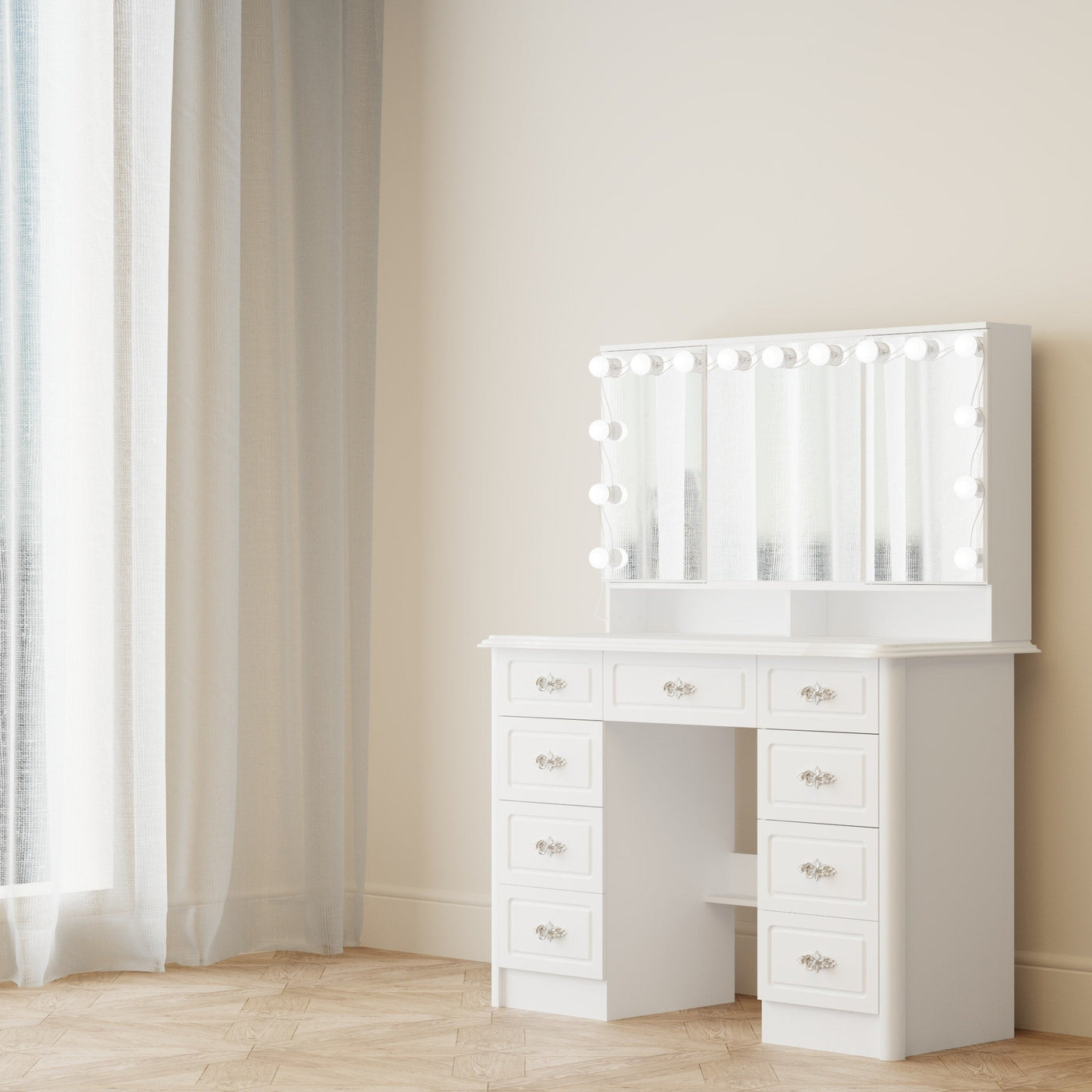 Miroir de maquillage pliable blanc moderne avec éclairage réglable - 40,2 x 54,1