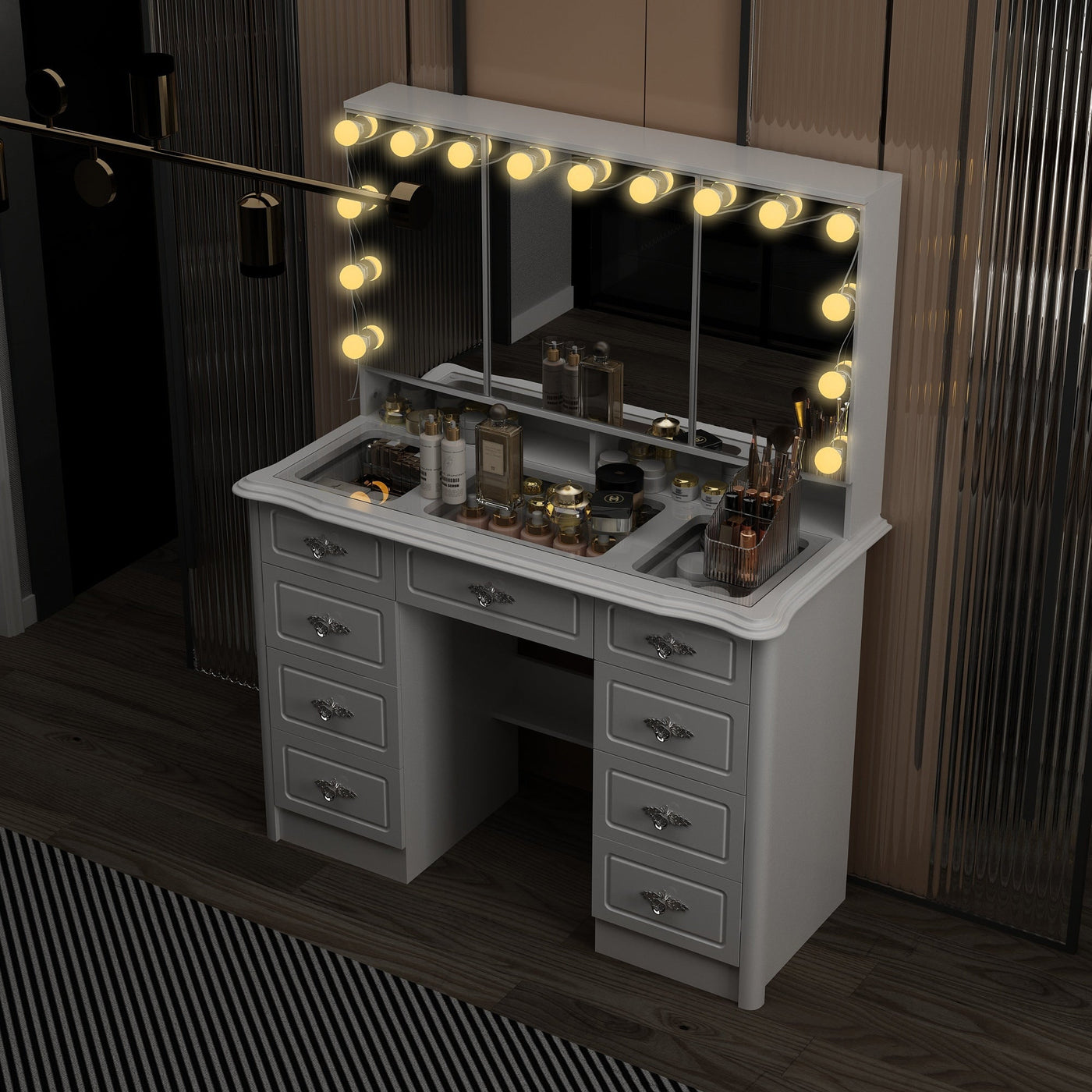 Miroir de maquillage pliable blanc moderne avec éclairage réglable - 40,2 x 54,1