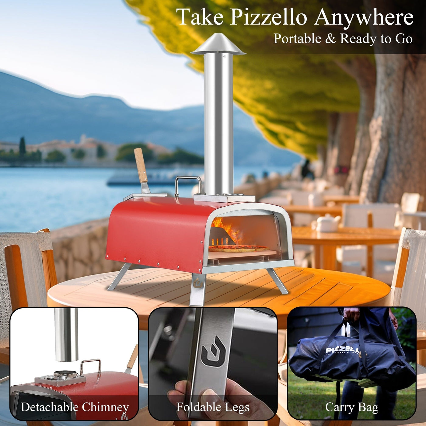 Four à pizza extérieur multi-combustible, machine à pizza cuite sur pierre avec brûleur à gaz et boîte à bois - 12 pouces