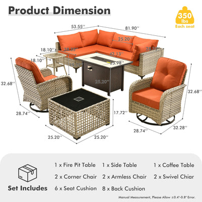 Ensemble de 9 chaises pivotantes d'extérieur en osier OVIOS avec table à feu