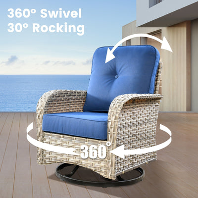 Ensemble de 9 chaises pivotantes d'extérieur en osier OVIOS avec table à feu