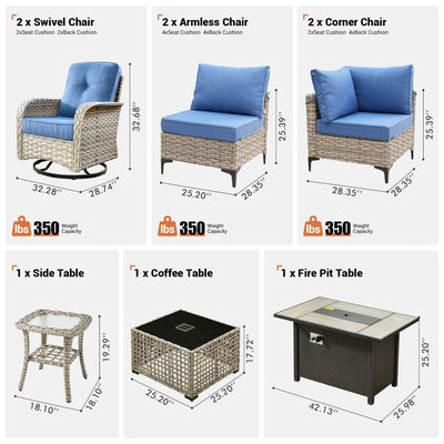 Ensemble de 9 chaises pivotantes d'extérieur en osier OVIOS avec table à feu